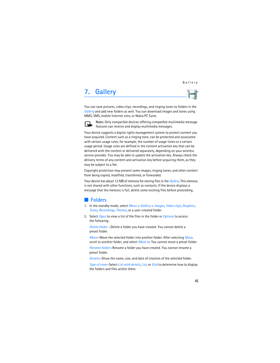 Gallery, Folders | Nokia 3155i User Manual | Page 46 / 201