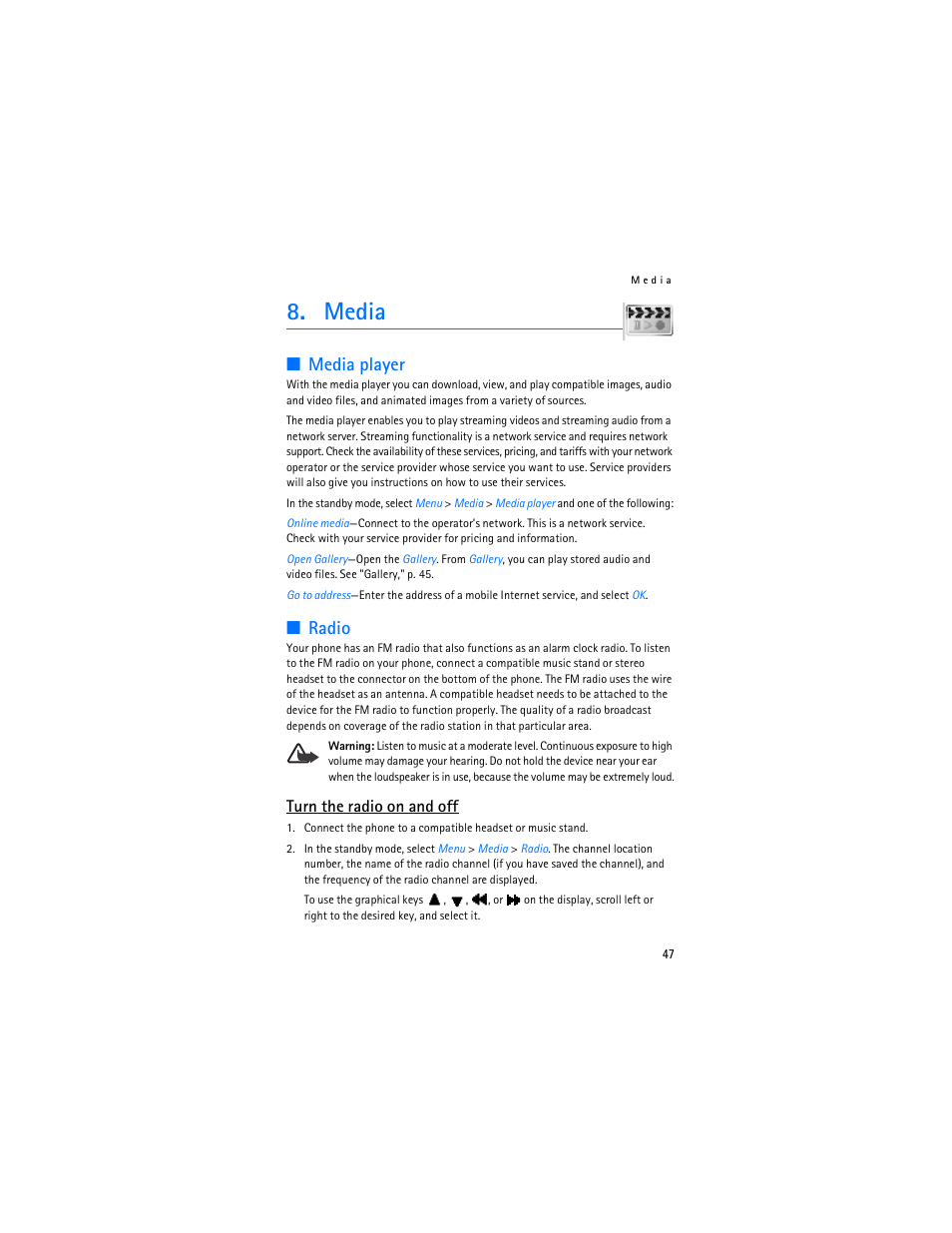 Media, Media player, Radio | Turn the radio on and off | Nokia 3155i User Manual | Page 48 / 201