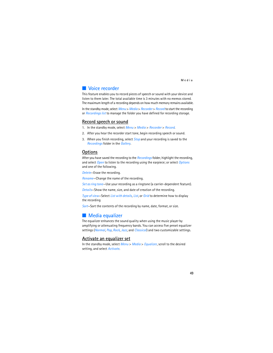 Voice recorder, Media equalizer, Record speech or sound | Options, Activate an equalizer set | Nokia 3155i User Manual | Page 50 / 201