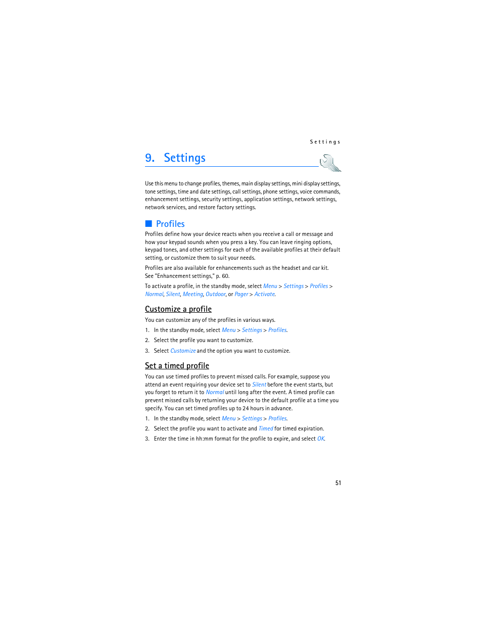 Settings, Profiles," p. 51, Profiles | Customize a profile, Set a timed profile | Nokia 3155i User Manual | Page 52 / 201