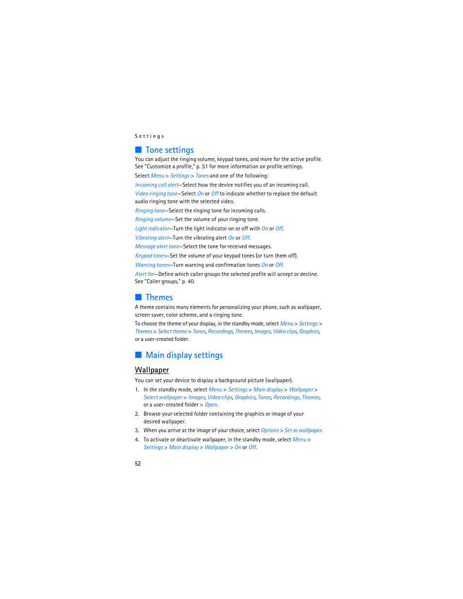 Tone settings, Themes, Main display settings | Wallpaper | Nokia 3155i User Manual | Page 53 / 201