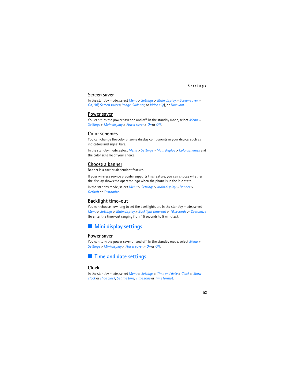 Mini display settings, Time and date settings, Screen saver | Power saver, Color schemes, Choose a banner, Backlight time-out, Clock | Nokia 3155i User Manual | Page 54 / 201