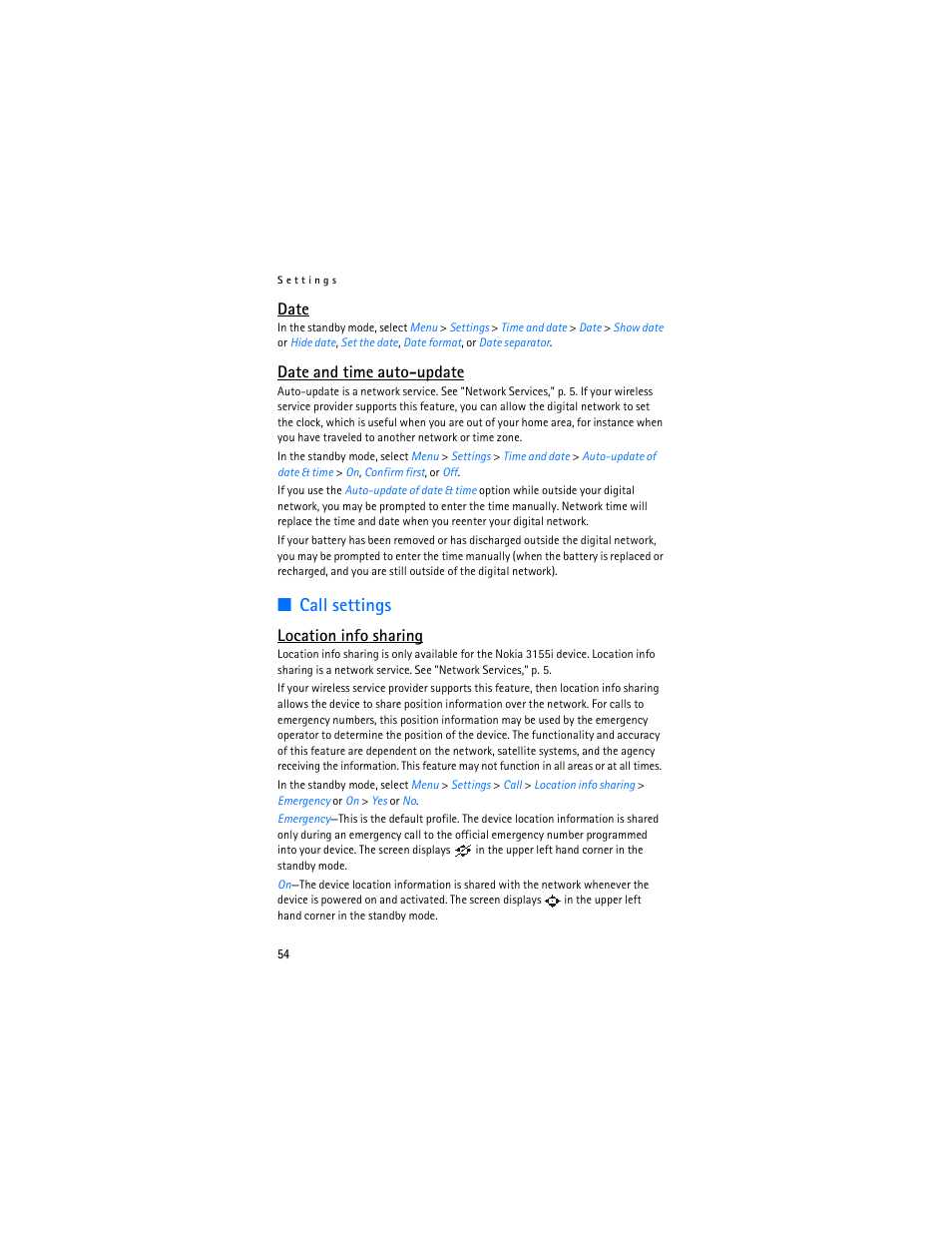 Location info sharing," p. 54, Call settings, Date | Date and time auto-update, Location info sharing | Nokia 3155i User Manual | Page 55 / 201