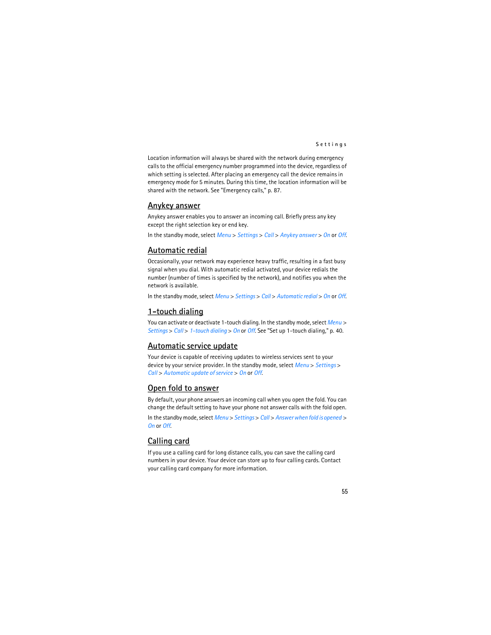 Anykey answer, Automatic redial, Touch dialing | Automatic service update, Open fold to answer, Calling card | Nokia 3155i User Manual | Page 56 / 201