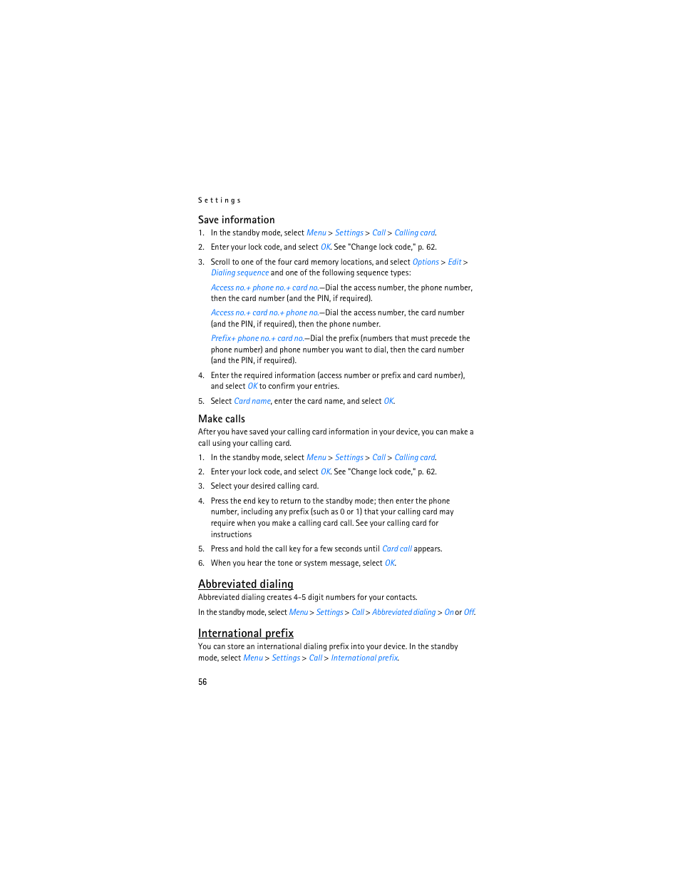 Abbreviated dialing, International prefix | Nokia 3155i User Manual | Page 57 / 201