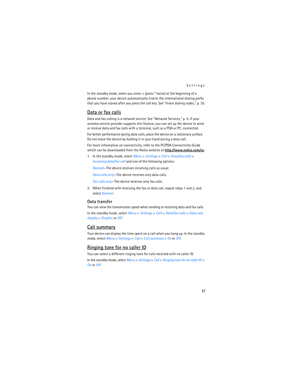 Data or fax calls, Call summary, Ringing tone for no caller id | Nokia 3155i User Manual | Page 58 / 201