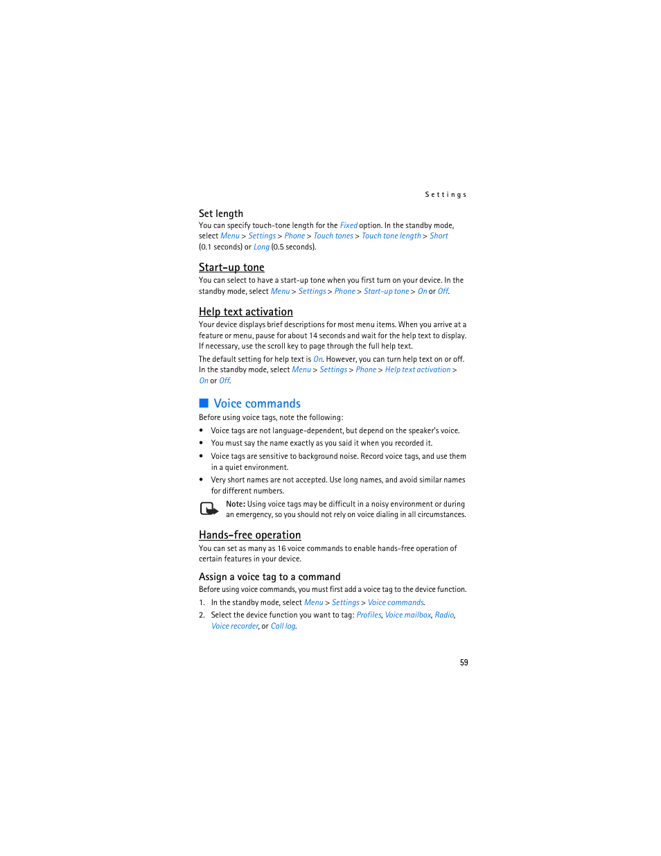 Voice commands, Start-up tone, Help text activation | Hands-free operation | Nokia 3155i User Manual | Page 60 / 201
