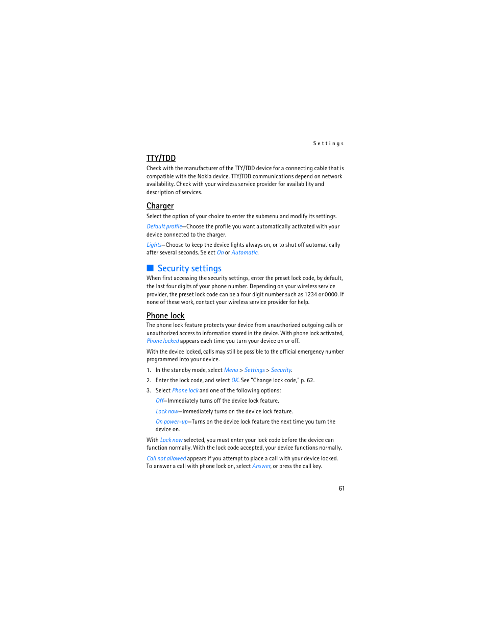 Security settings, Tty/tdd, Charger | Phone lock | Nokia 3155i User Manual | Page 62 / 201