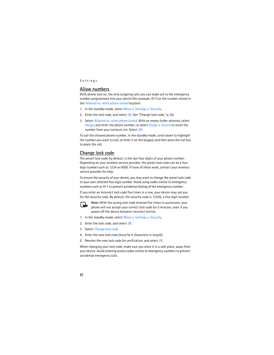 Change lock code, P. 62, Allow numbers | Nokia 3155i User Manual | Page 63 / 201