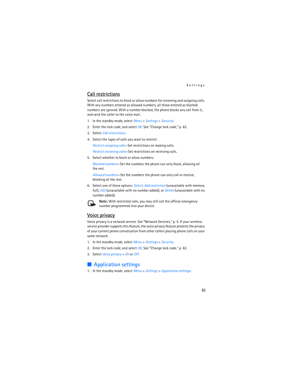 Application settings, Call restrictions, Voice privacy | Nokia 3155i User Manual | Page 64 / 201