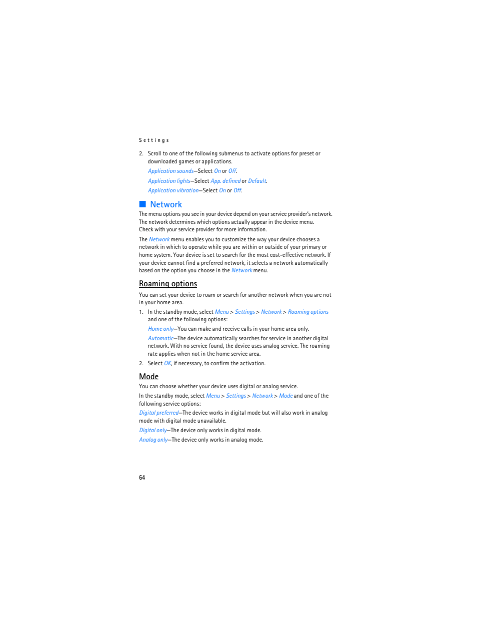 E "roaming options, P. 64, Network | Roaming options, Mode | Nokia 3155i User Manual | Page 65 / 201