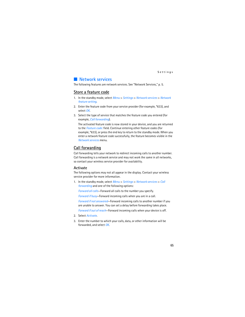 Network services, Store a feature code, Call forwarding | Nokia 3155i User Manual | Page 66 / 201
