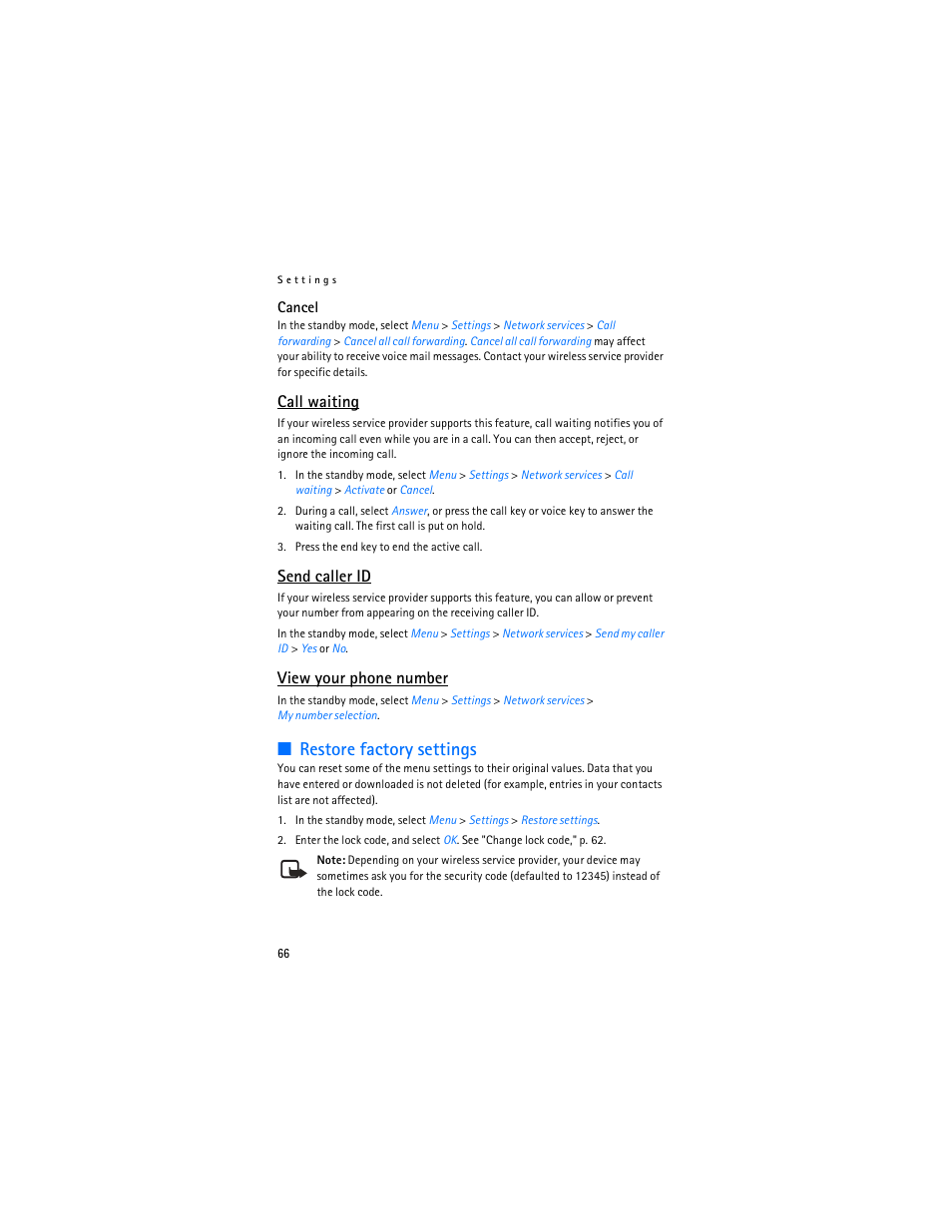 Restore factory settings, Call waiting, Send caller id | View your phone number | Nokia 3155i User Manual | Page 67 / 201