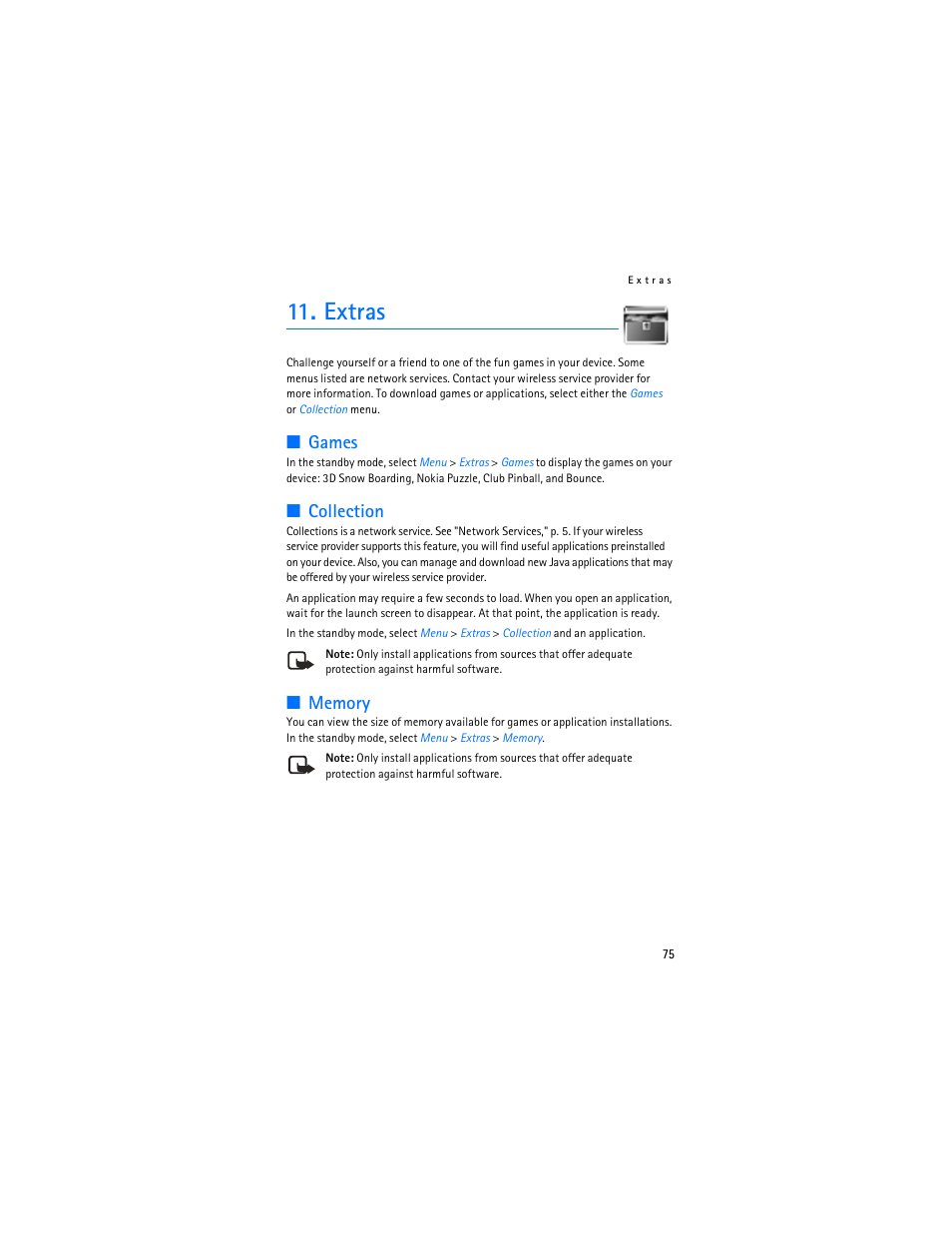Extras, Games, Collection | Nokia 3155i User Manual | Page 76 / 201