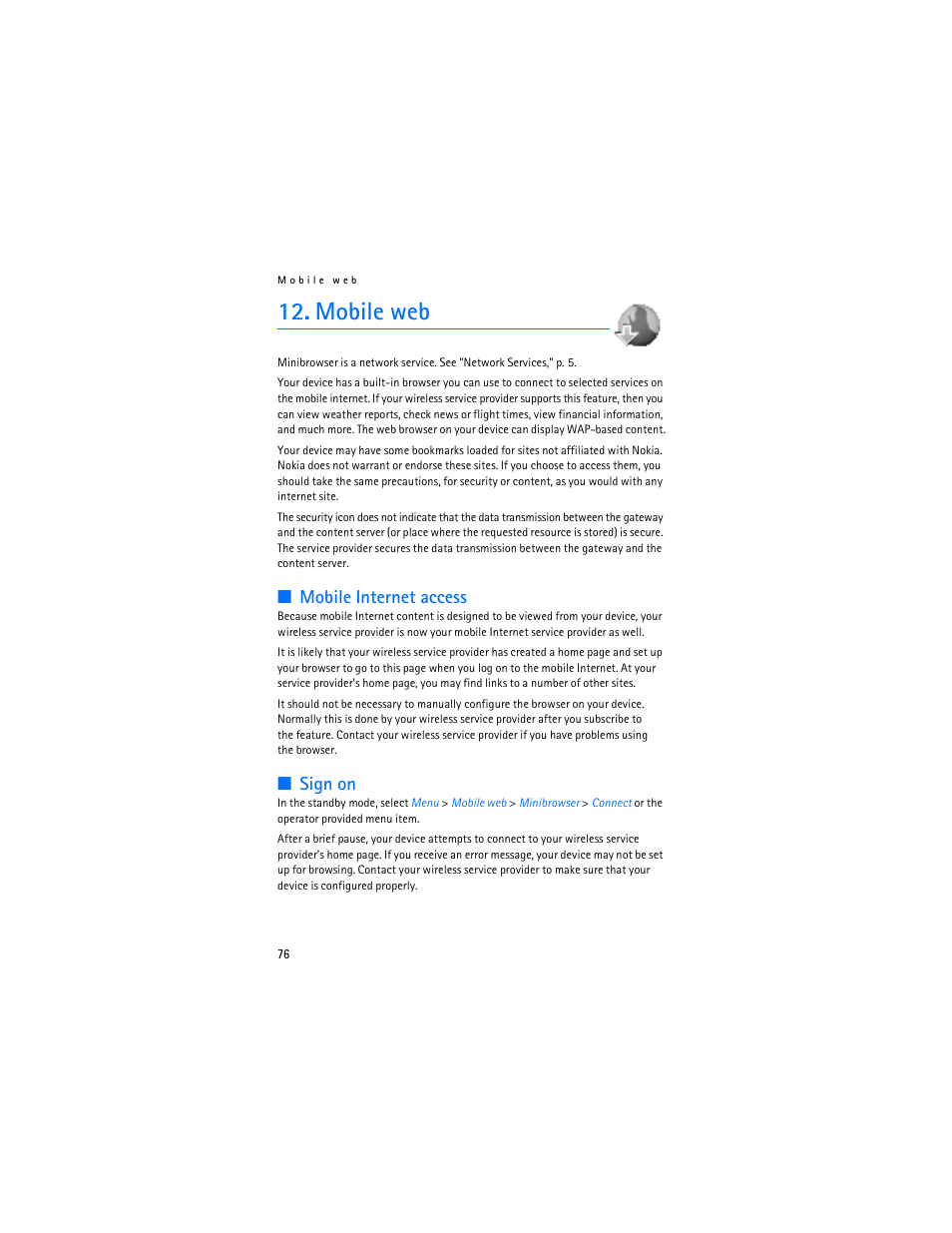 Mobile web, Mobile internet access, Sign on | Nokia 3155i User Manual | Page 77 / 201