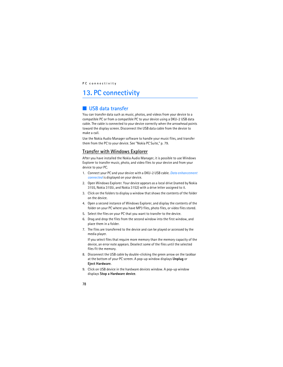 Pc connectivity, Usb data transfer, Transfer with windows explorer | Nokia 3155i User Manual | Page 79 / 201