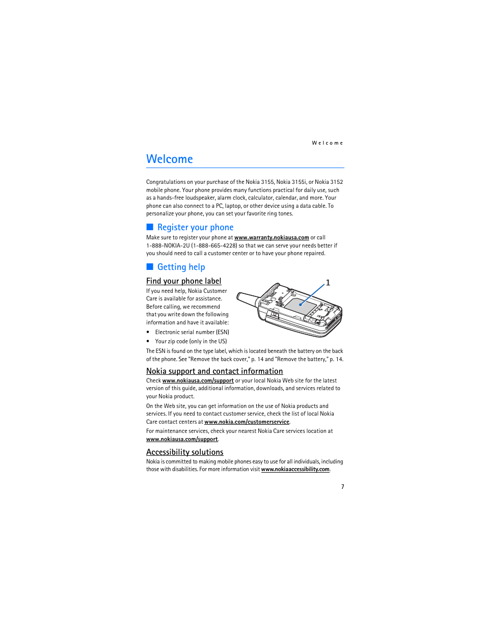 Welcome, Register your phone, Getting help | Nokia 3155i User Manual | Page 8 / 201