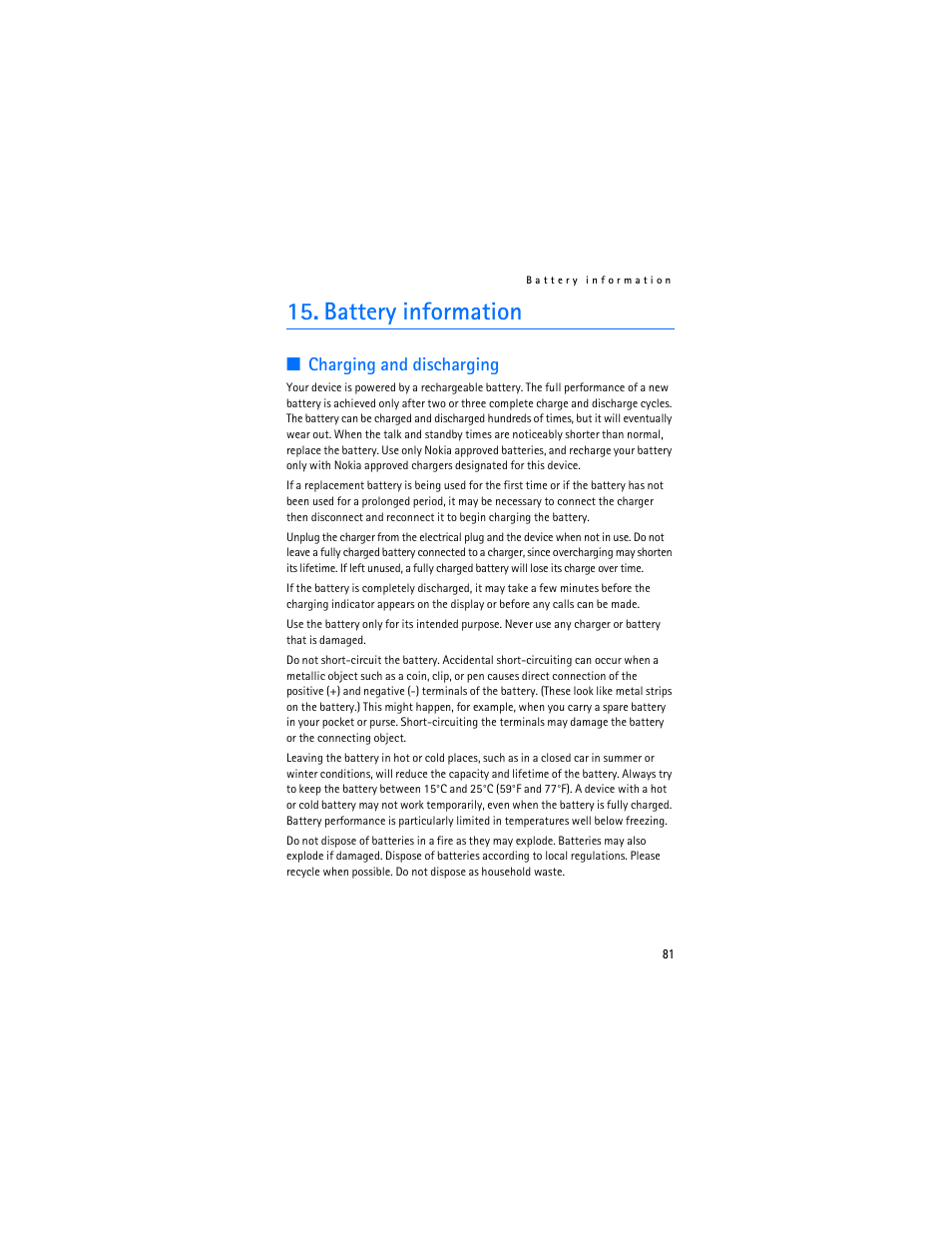 Battery information, Charging and discharging | Nokia 3155i User Manual | Page 82 / 201