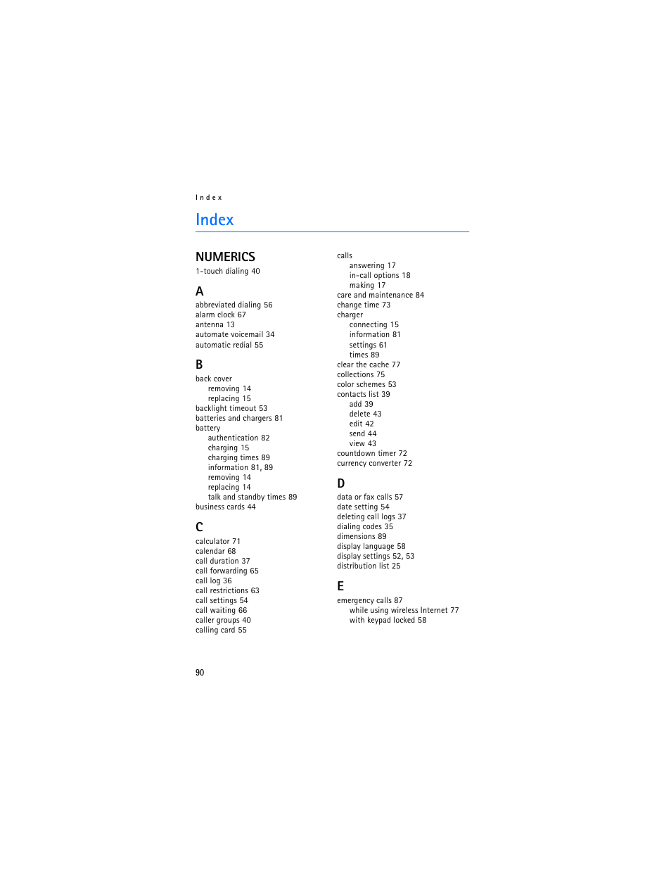 Index, Numerics | Nokia 3155i User Manual | Page 91 / 201