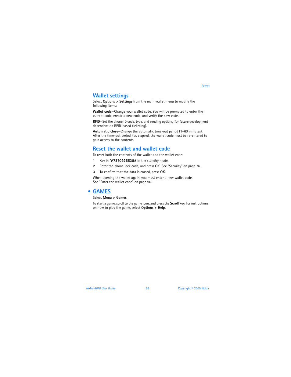Games, Wallet settings, Reset the wallet and wallet code | Nokia 6670 User Manual | Page 100 / 321