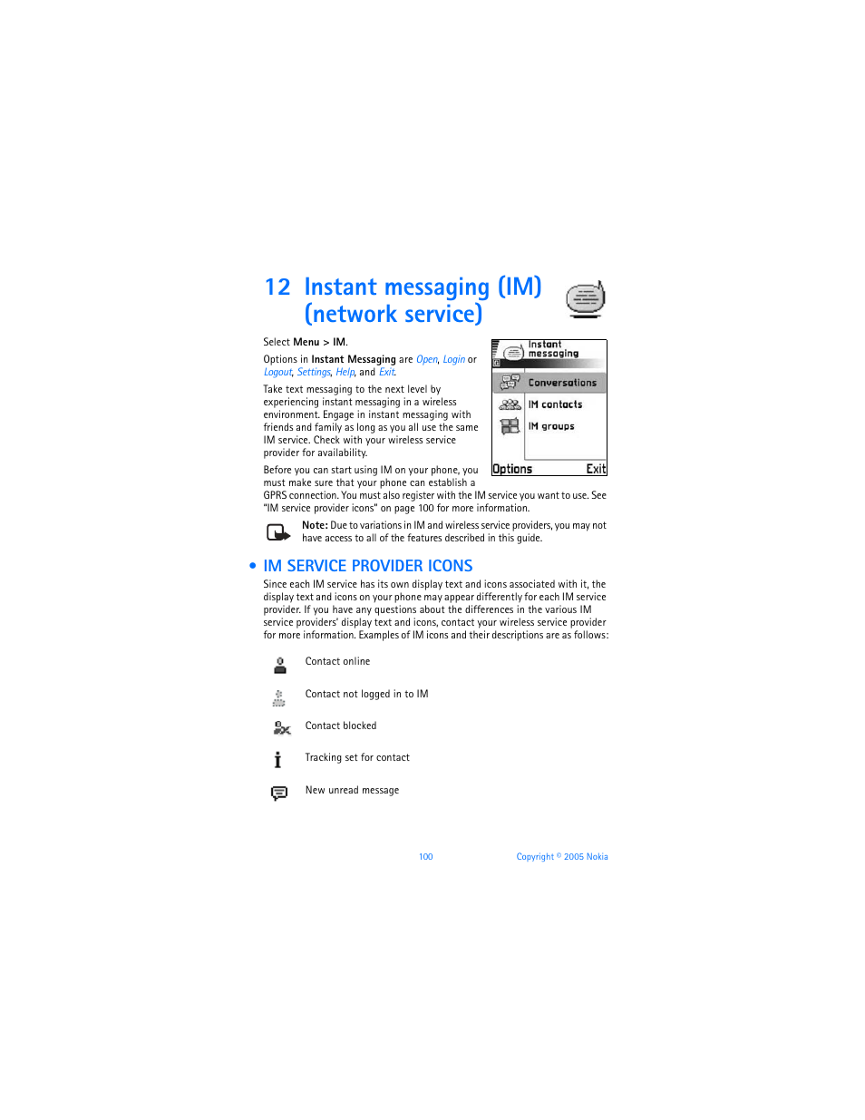 12 instant messaging (im) (network service), Im service provider icons | Nokia 6670 User Manual | Page 101 / 321