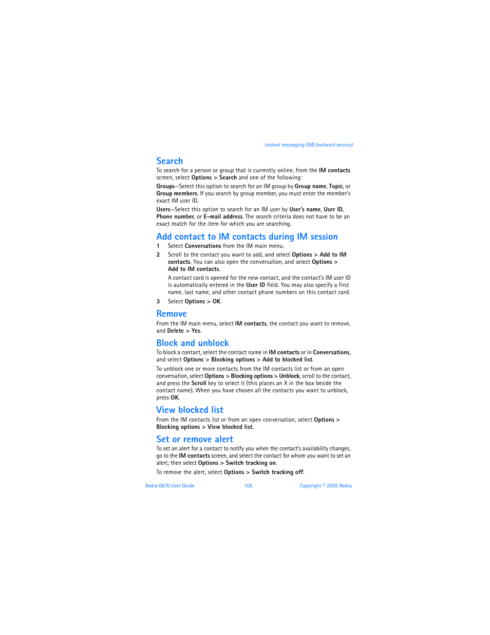 Search, Add contact to im contacts during im session, Remove | Block and unblock, View blocked list, Set or remove alert | Nokia 6670 User Manual | Page 106 / 321