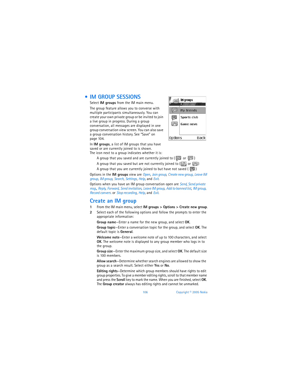 Im group sessions, Create an im group | Nokia 6670 User Manual | Page 107 / 321