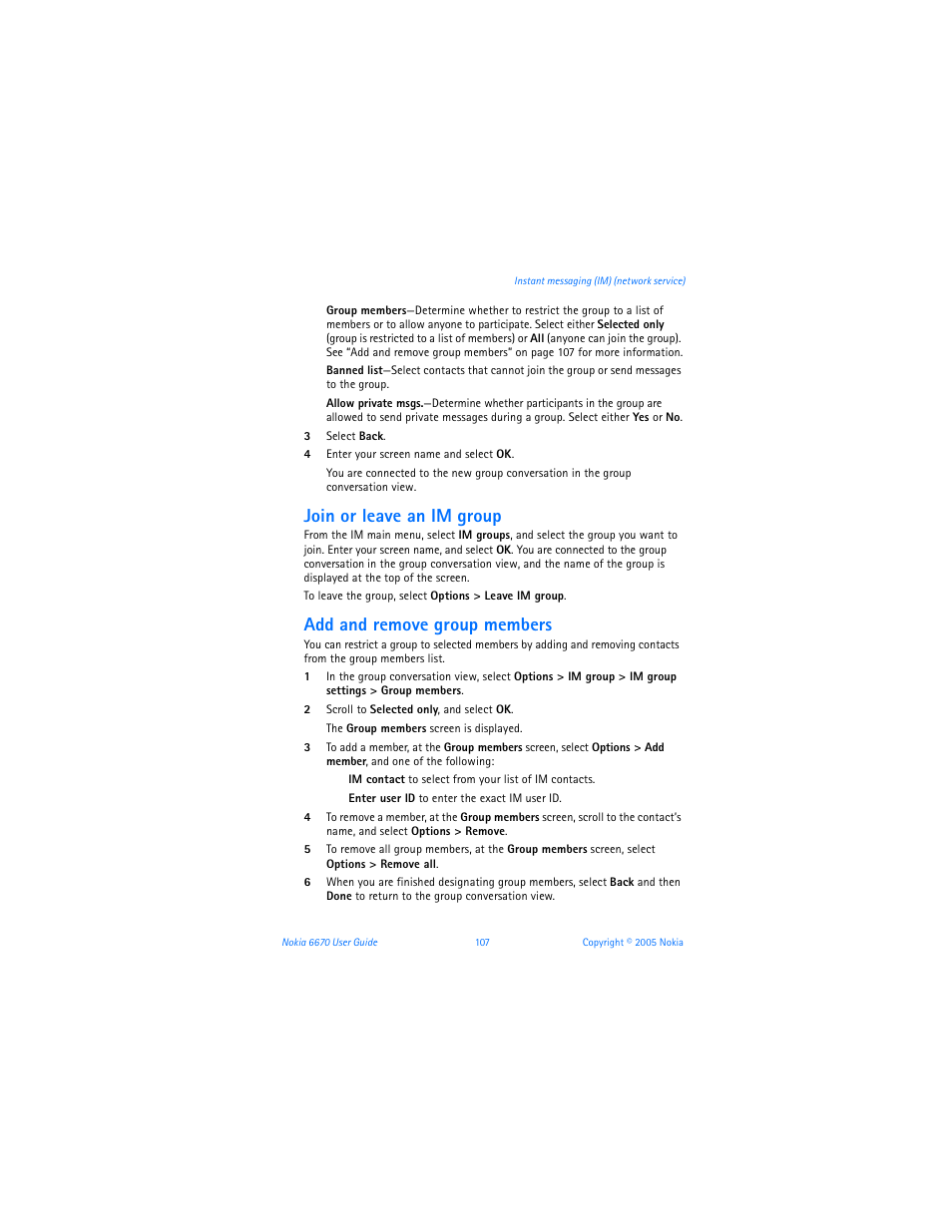 Join or leave an im group, Add and remove group members | Nokia 6670 User Manual | Page 108 / 321