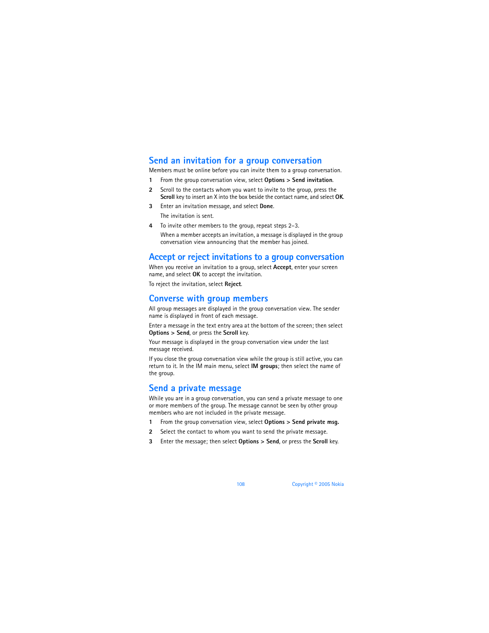 Send an invitation for a group conversation, Converse with group members, Send a private message | Nokia 6670 User Manual | Page 109 / 321