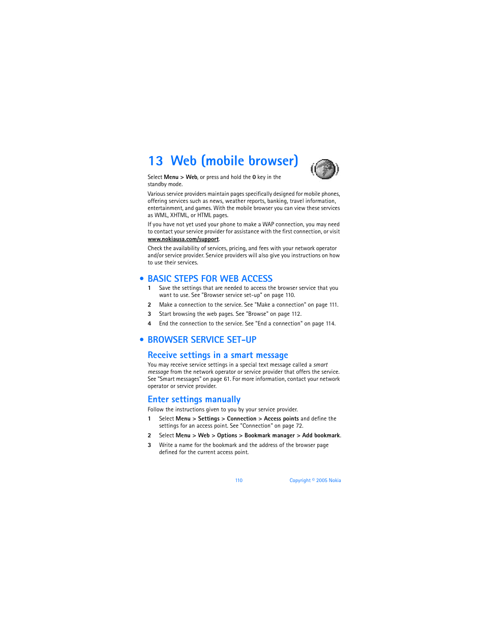 13 web (mobile browser), Basic steps for web access, Browser service set-up | Enter settings manually | Nokia 6670 User Manual | Page 111 / 321