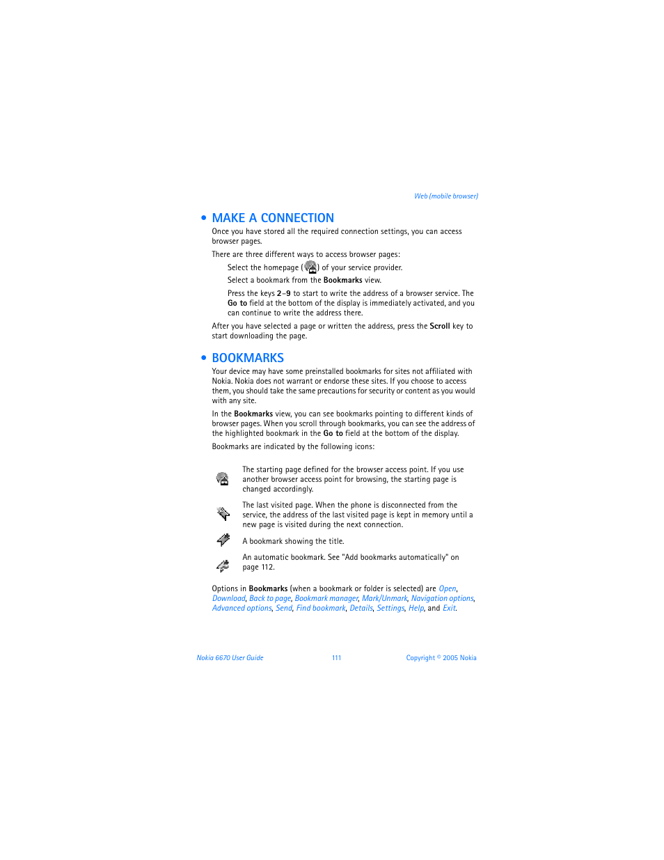 Make a connection, Bookmarks | Nokia 6670 User Manual | Page 112 / 321