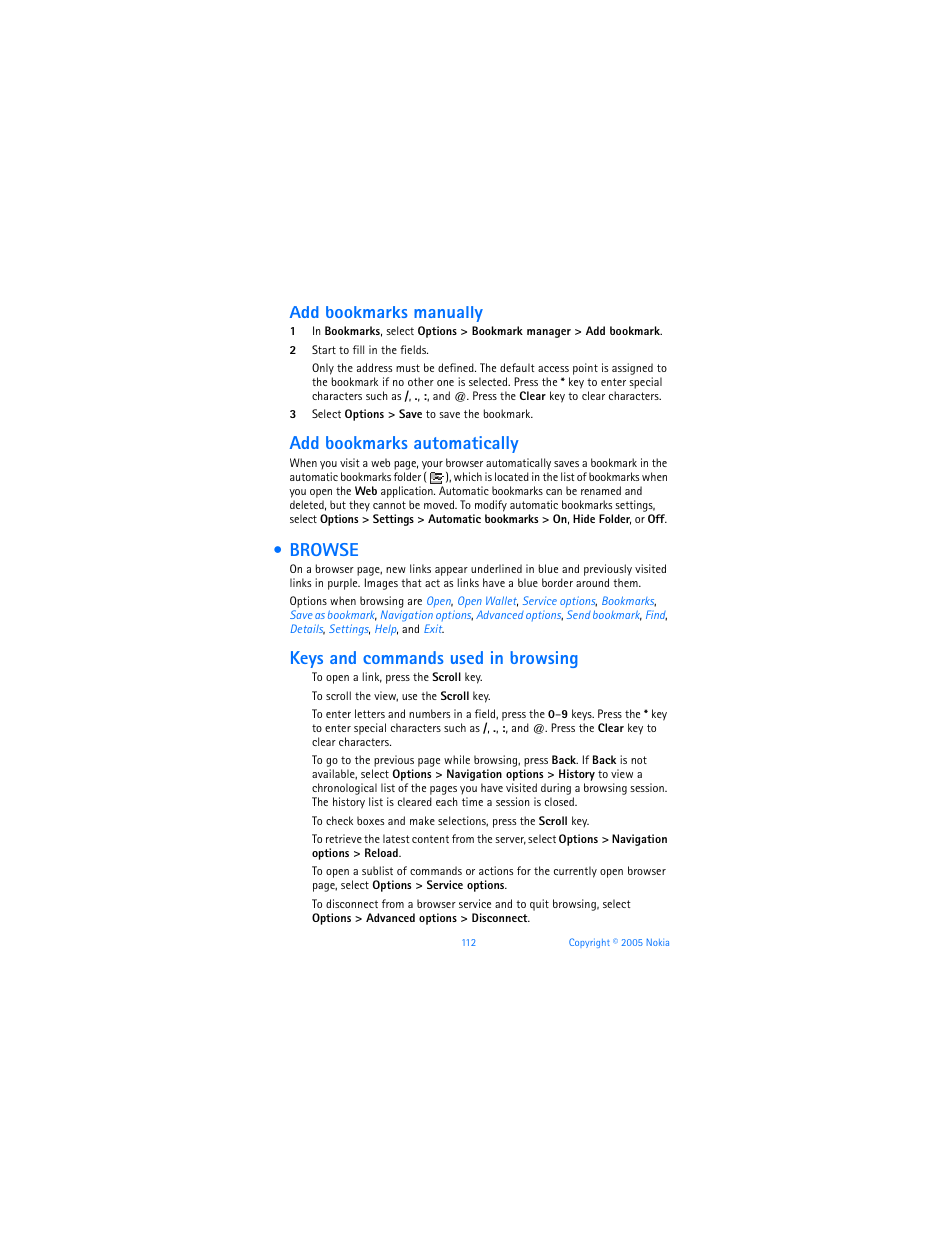 Browse, Add bookmarks manually, Add bookmarks automatically | Keys and commands used in browsing | Nokia 6670 User Manual | Page 113 / 321