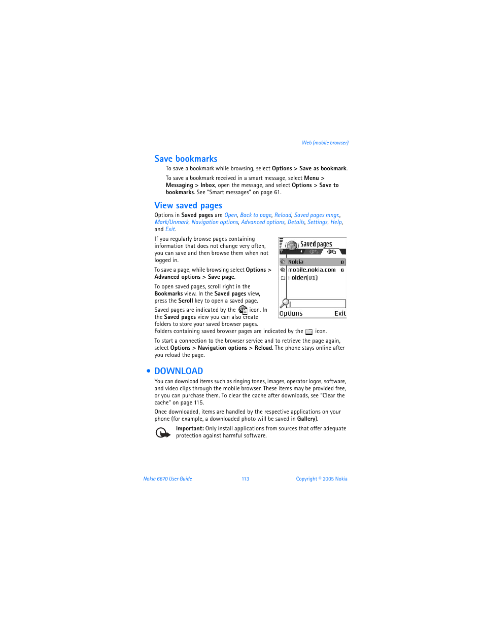 Download, Save bookmarks, View saved pages | Nokia 6670 User Manual | Page 114 / 321