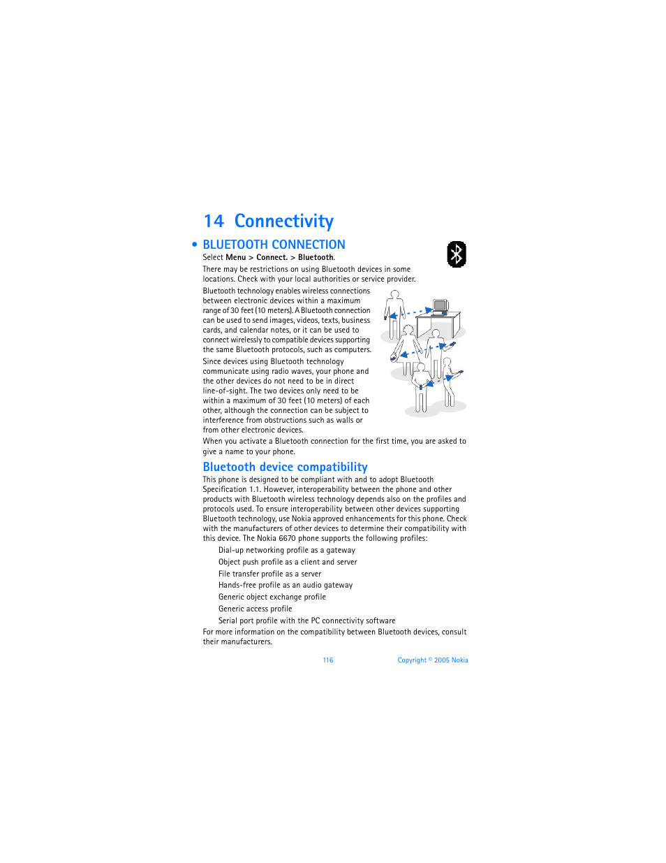 14 connectivity, Bluetooth connection, Bluetooth device compatibility | Nokia 6670 User Manual | Page 117 / 321