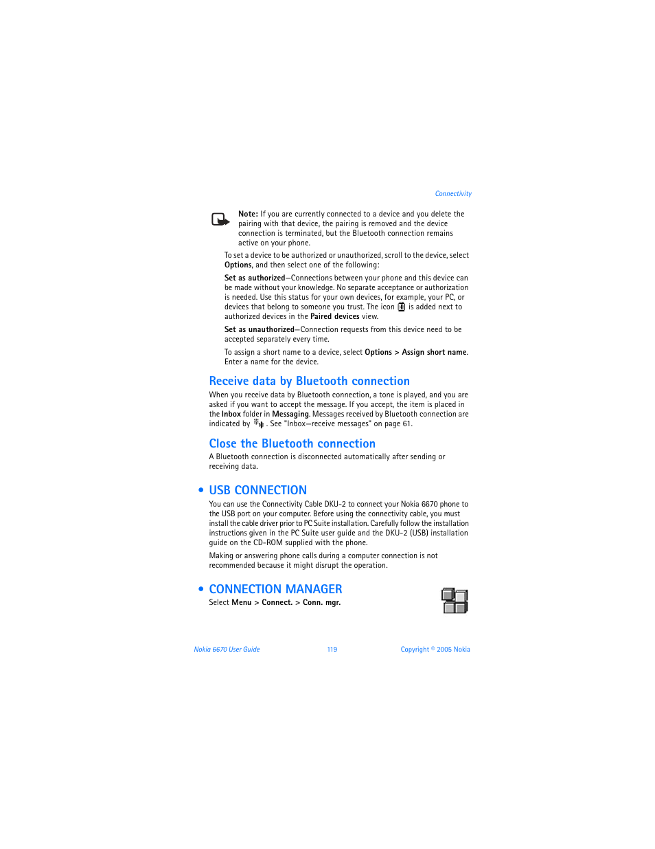 Usb connection, Connection manager, Receive data by bluetooth connection | Close the bluetooth connection | Nokia 6670 User Manual | Page 120 / 321