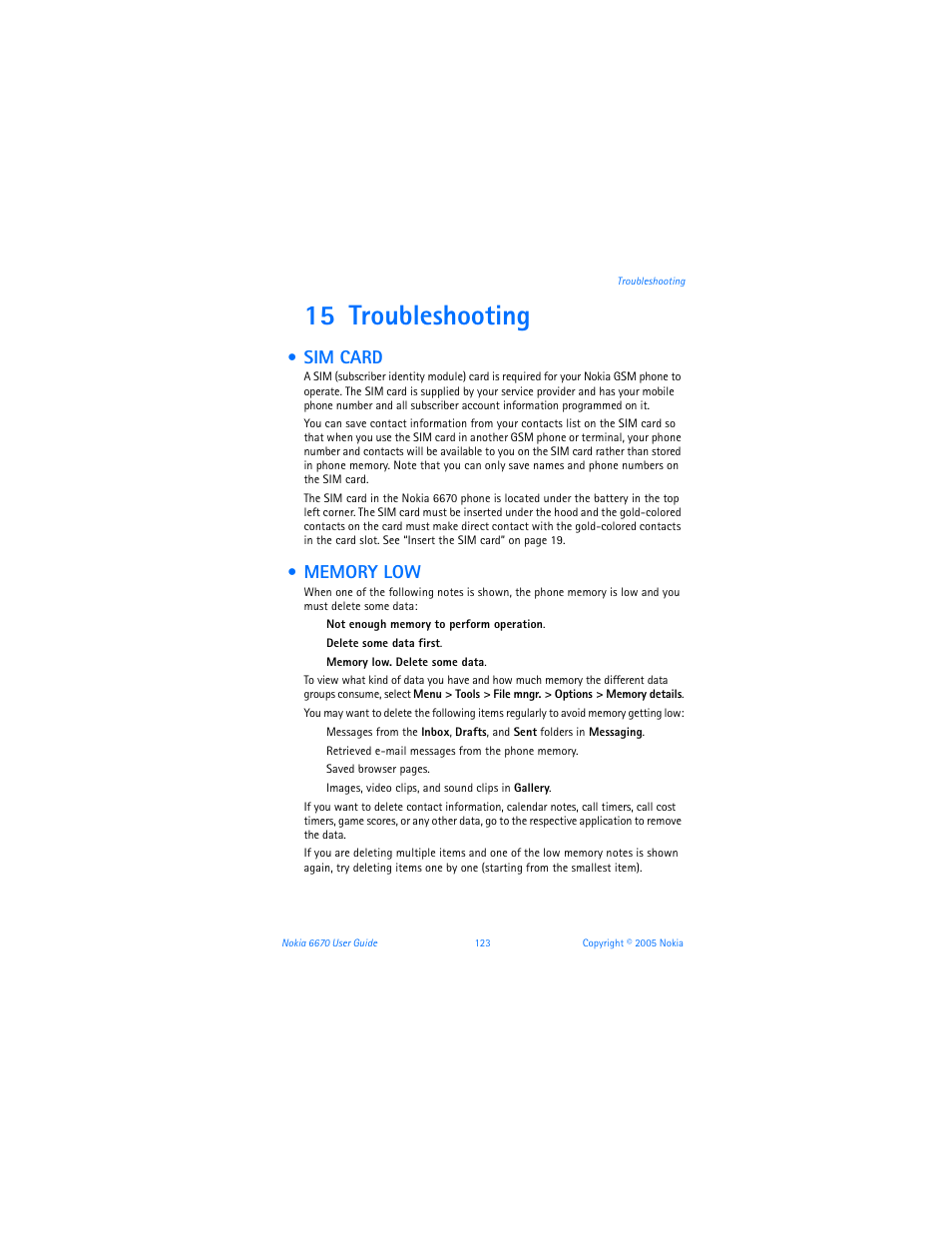 15 troubleshooting, Sim card, Memory low | Nokia 6670 User Manual | Page 124 / 321