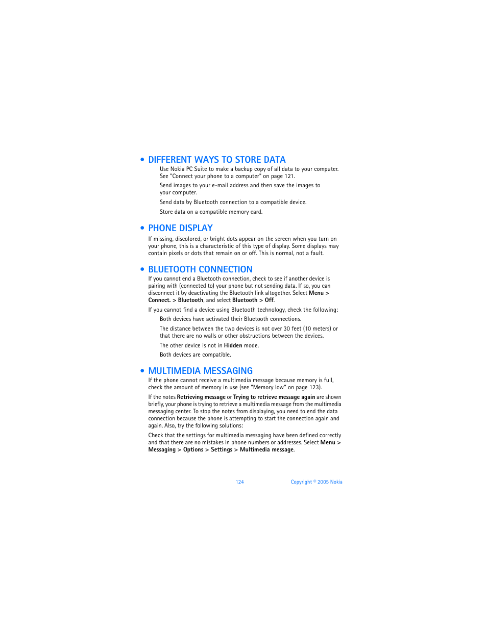 Different ways to store data, Phone display, Bluetooth connection | Multimedia messaging | Nokia 6670 User Manual | Page 125 / 321