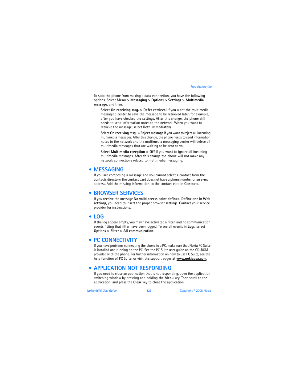 Messaging, Browser services, Pc connectivity | Application not responding | Nokia 6670 User Manual | Page 126 / 321