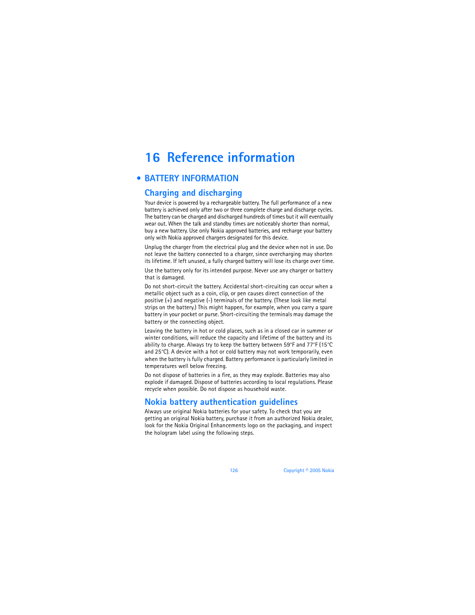 16 reference information, Battery information, Battery information charging and discharging | Nokia battery authentication guidelines | Nokia 6670 User Manual | Page 127 / 321