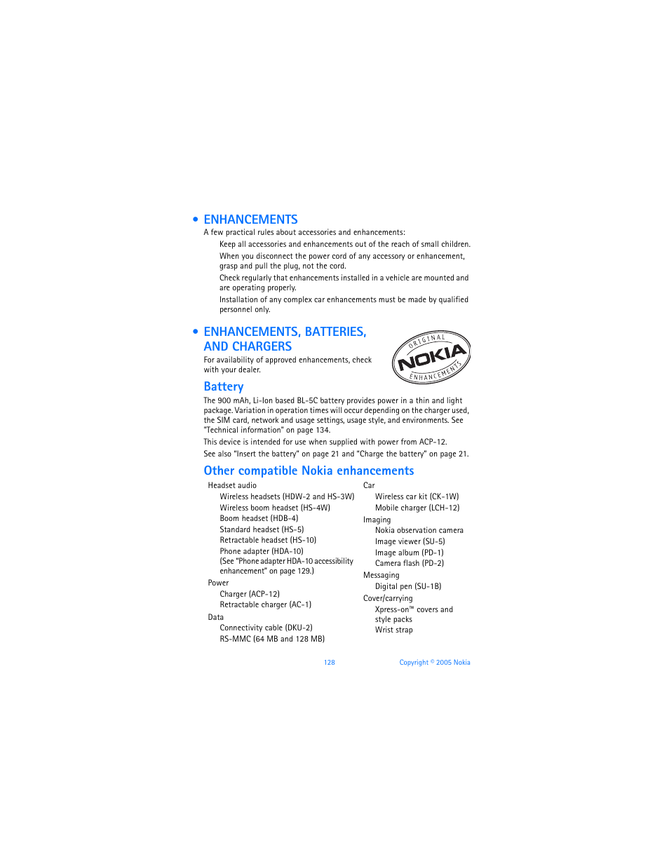 Enhancements, Enhancements, batteries, and chargers, Battery | Other compatible nokia enhancements | Nokia 6670 User Manual | Page 129 / 321