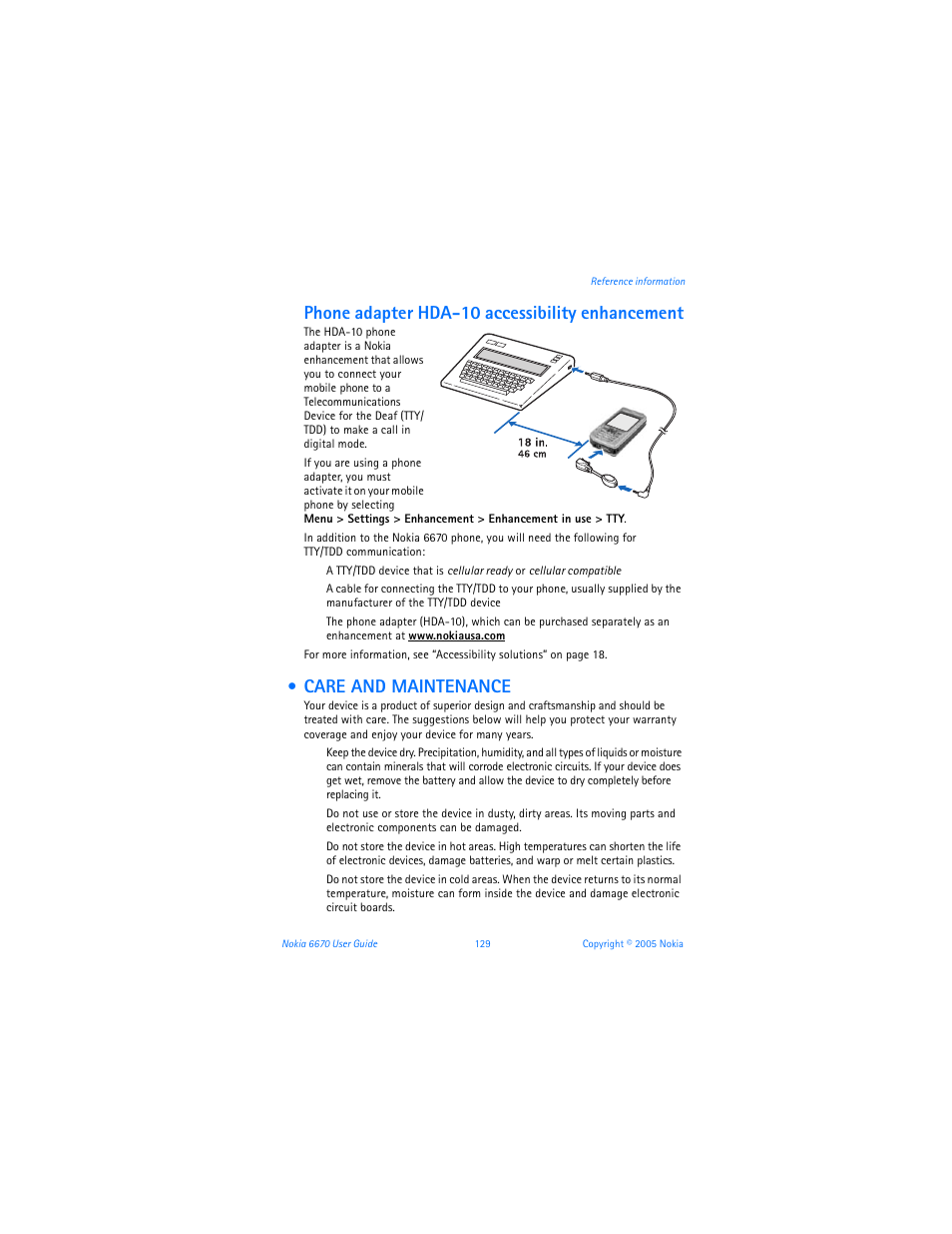 Care and maintenance, Phone adapter hda-10 accessibility enhancement | Nokia 6670 User Manual | Page 130 / 321