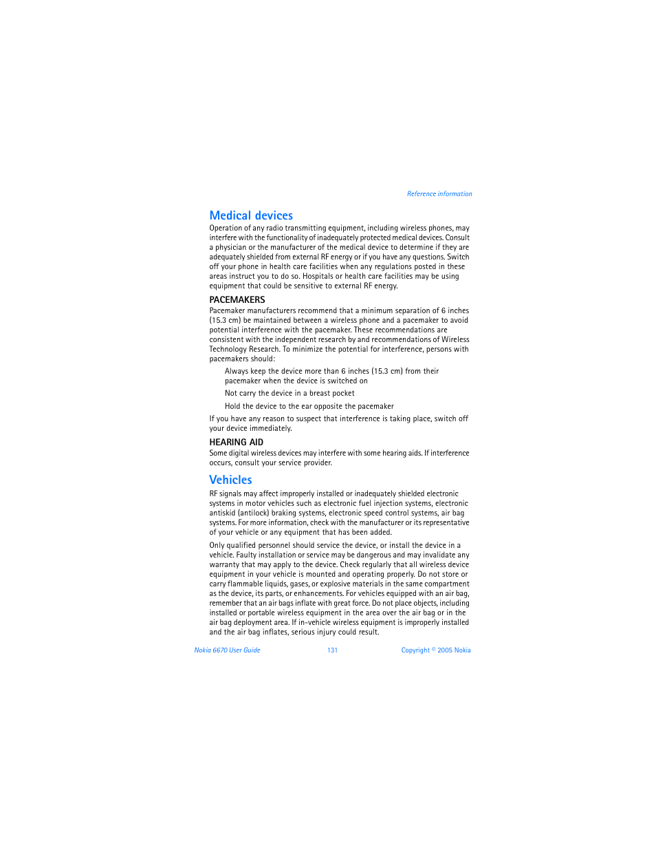 Medical devices, Vehicles | Nokia 6670 User Manual | Page 132 / 321