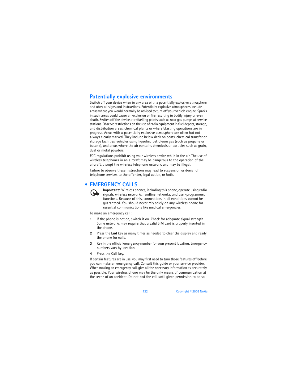 Emergency calls, Potentially explosive environments | Nokia 6670 User Manual | Page 133 / 321