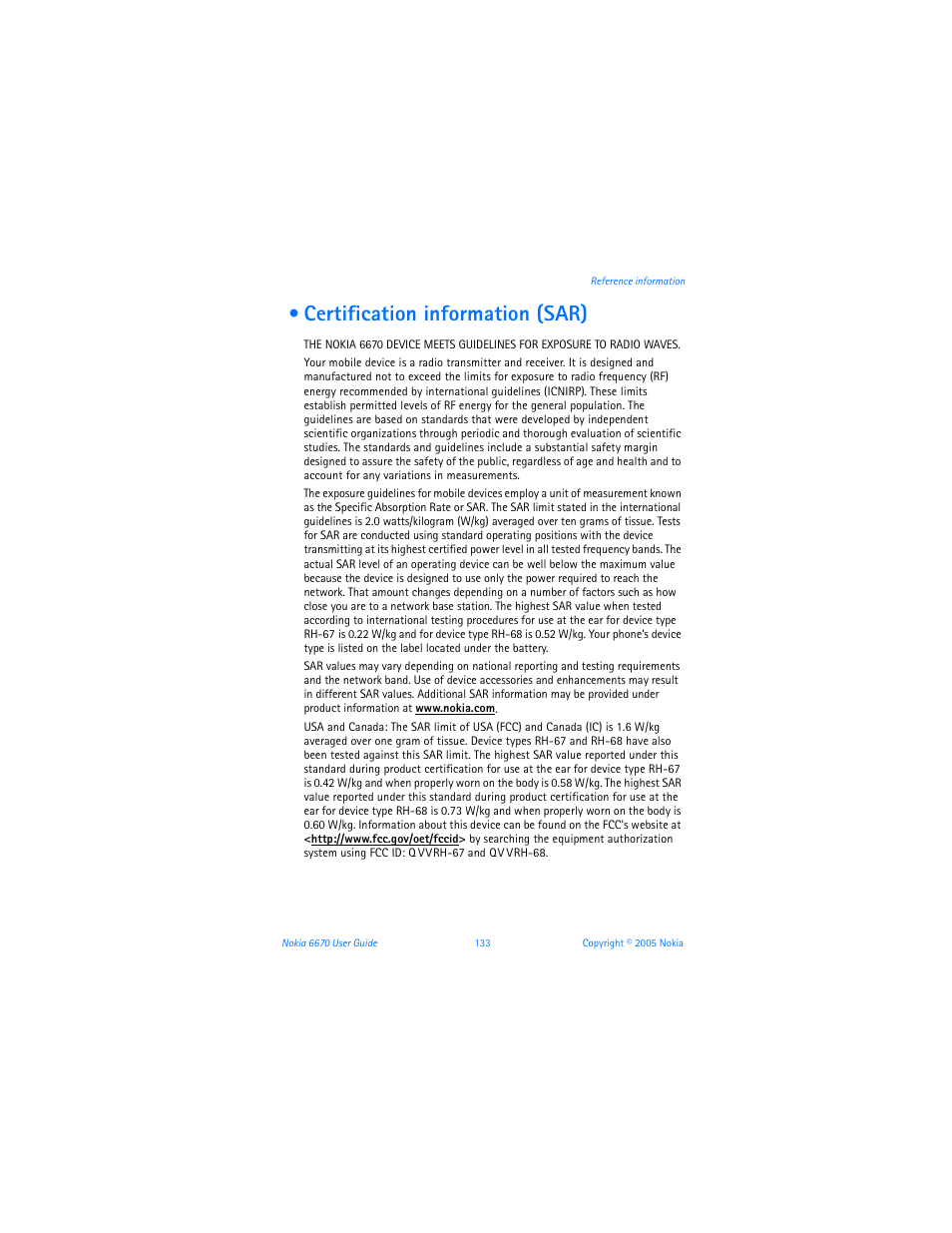 Certification information (sar) | Nokia 6670 User Manual | Page 134 / 321