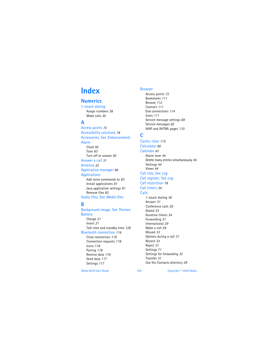 Index, Numerics | Nokia 6670 User Manual | Page 150 / 321