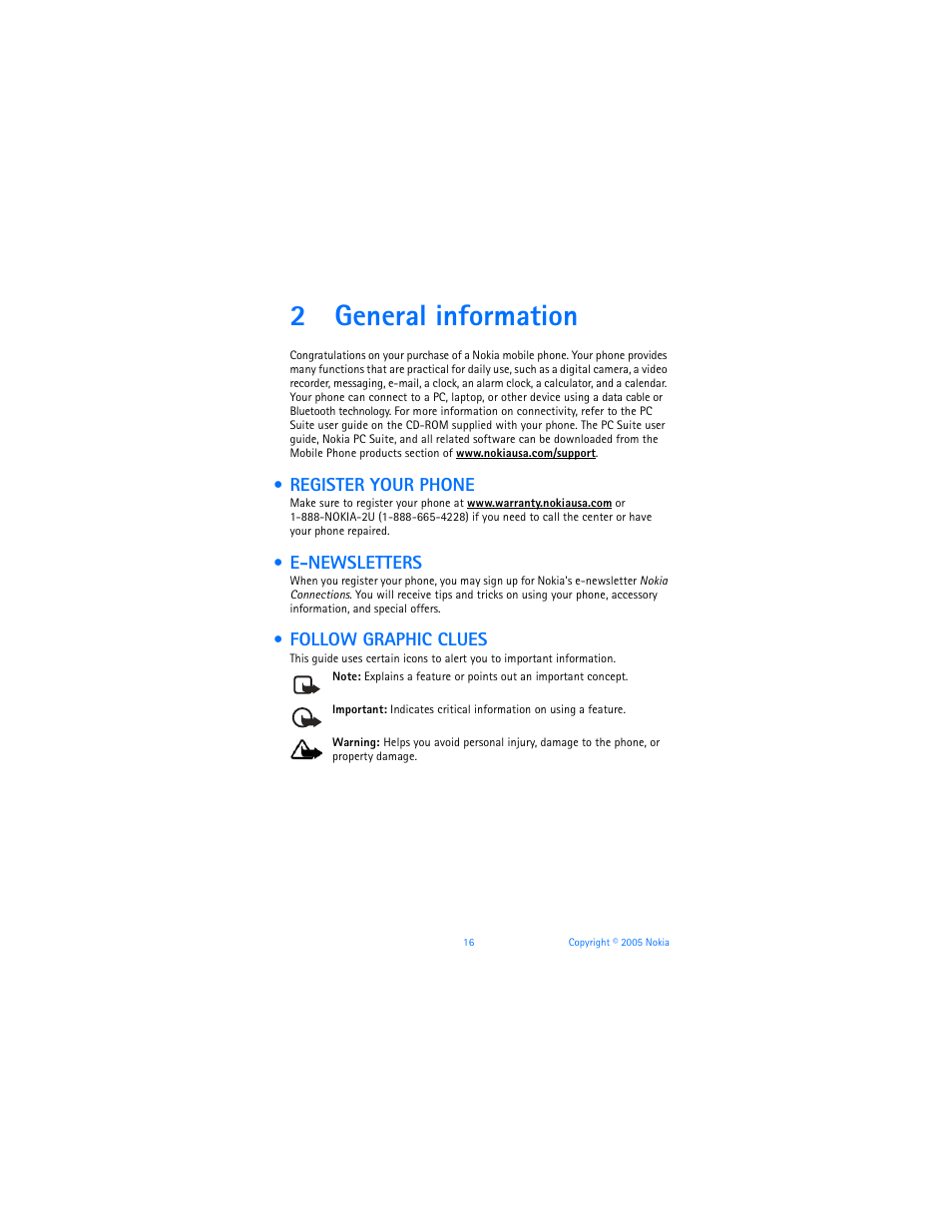 2 general information, Register your phone, E-newsletters | Follow graphic clues, General information, 2general information | Nokia 6670 User Manual | Page 17 / 321