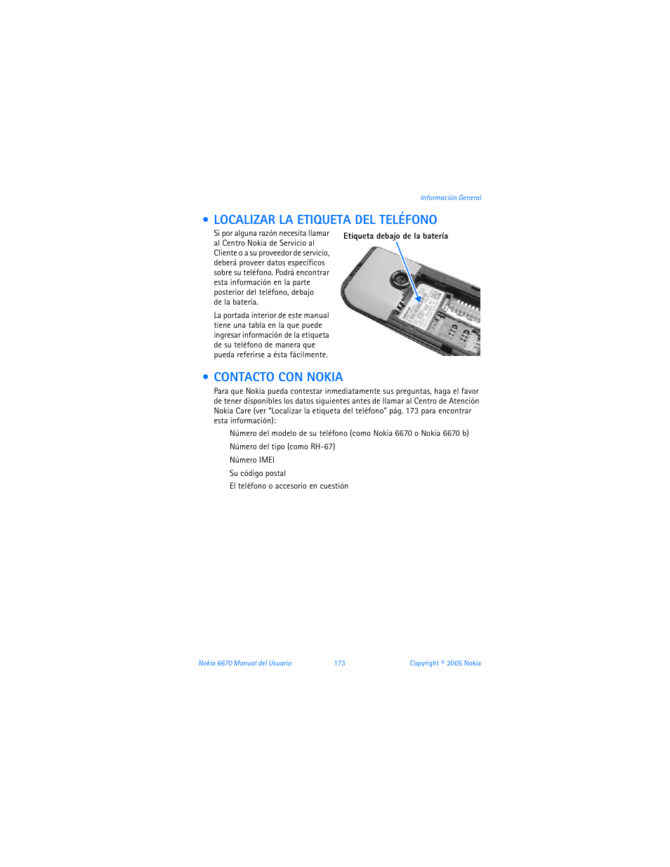 Localizar la etiqueta del teléfono, Contacto con nokia | Nokia 6670 User Manual | Page 174 / 321