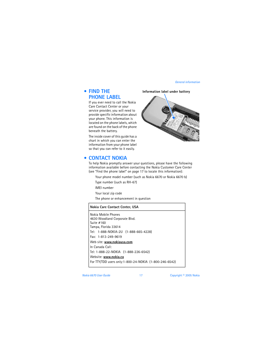 Find the phone label, Contact nokia | Nokia 6670 User Manual | Page 18 / 321