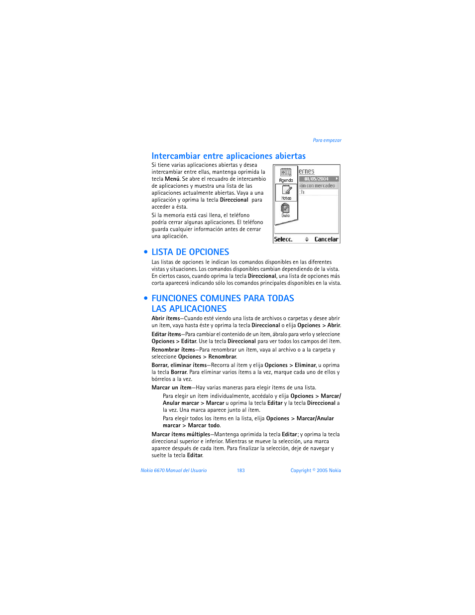 Lista de opciones, Funciones comunes para todas las aplicaciones, Intercambiar entre aplicaciones abiertas | Nokia 6670 User Manual | Page 184 / 321