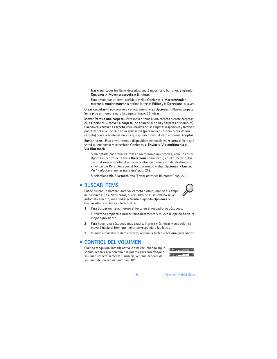 Buscar ítems, Control del volumen | Nokia 6670 User Manual | Page 185 / 321
